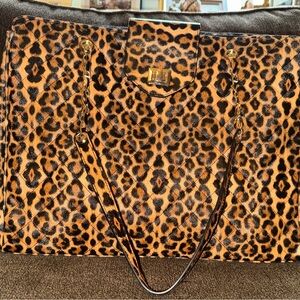 Leopard Print Quilted Tote Bag with Gold Chain Straps